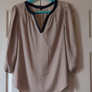 Ann Taylor Blue and Cream Blouse with V-Neck and Flowing Sleeves